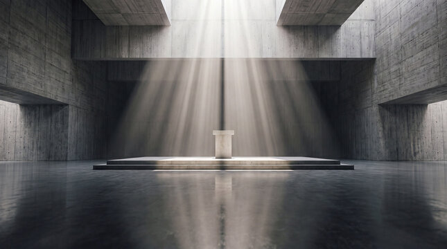 Sunlight shafts pierce a vast empty concrete hall, illuminating a solitary pedestal atop a raised platform