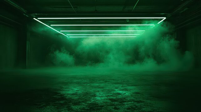 Cinematic empty warehouse interior with neon green illumination and haze