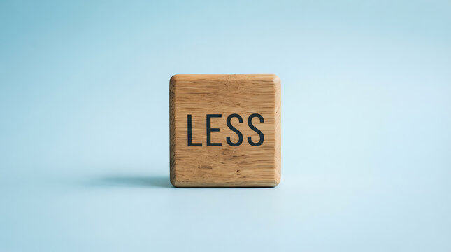 A single square wooden block with the word less engraved in black capital letters, centered on a soft light blue background, representing minimalism, simplicity, and the concept of doing less