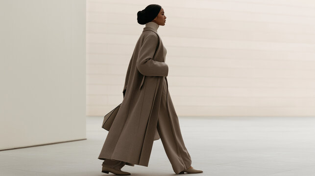 Woman walking in beige coat and wide-leg pants in modern white space