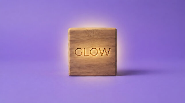A single wooden block with the word glow engraved on it placed on a soft purple background, with a warm, light effect emanating, from the center, of the text