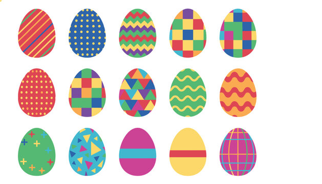 Fifteen colorful easter eggs with different geometric patterns like stripes, dots, and zigzags arranged in a clean grid layout.