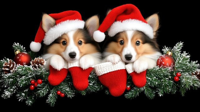 Two cheerful Shetland Sheepdogs in Christmas hats holding stockings against a festive black background filled with holiday decorations