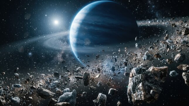 Shattered moon debris arcing around a blue planet with mineral shards, ring haze, and a dark outer space backdrop