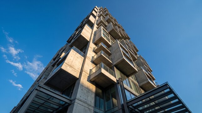 Low angle view of a modern concrete apartment building against a clear blue sky.