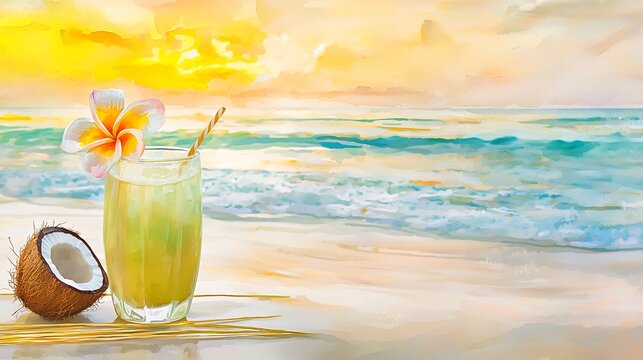 Beach cocktail sunset watercolor painting high resolution picture