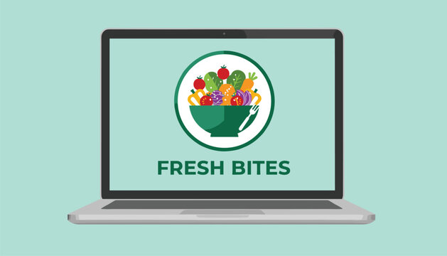 Modern laptop computer showing an online healthy food ordering service logo featuring a fresh salad bowl icon.
