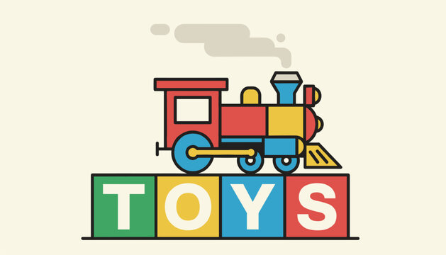 Bright colorful toy steam train engine sitting on wooden alphabet blocks spelling toys on a light cream background.
