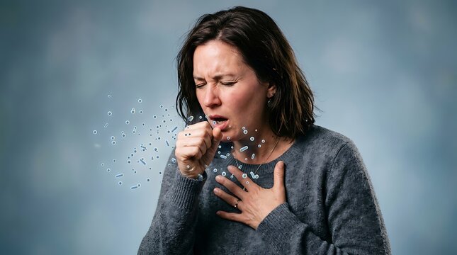 Sick woman coughing with visible germs and bacteria particles in the air, concept of viral infection and respiratory illness