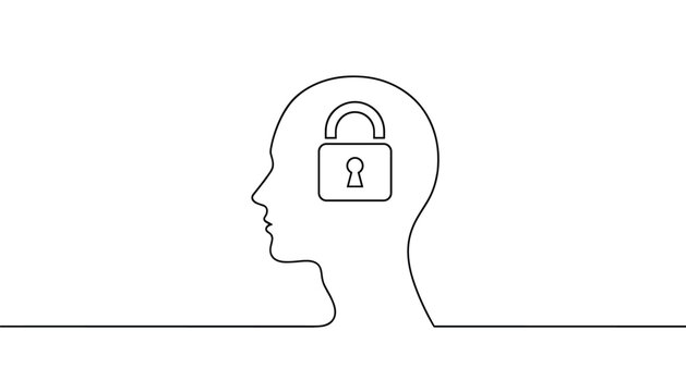 Profile silhouette of a human head containing a secure padlock icon in a continuous black line art style on white.
