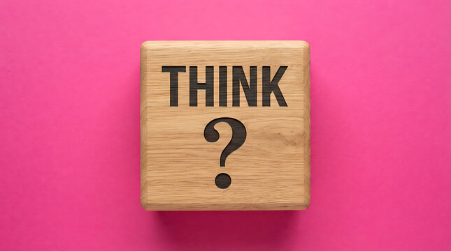 A square wooden block with the word think and a large question mark engraved on the surface, set against a bright pink background, representing curiosity, questioning, and critical thinking processes