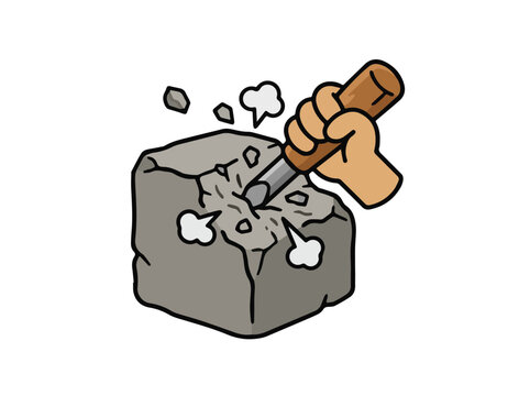 Cartoon illustration of a hand using a chisel to carve a large stone block