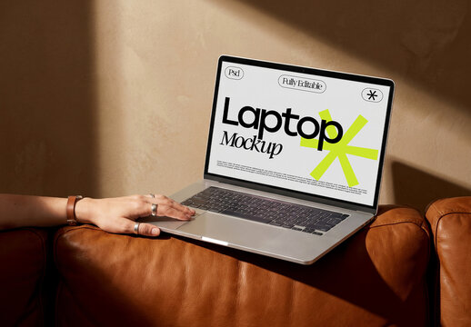 Laptop Screen Mockup on Leather Sofa