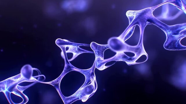 Glowing organic forms drift and morph through a dark blue atmospheric space. Technology presentations, science documentaries, and biotechnology branding.