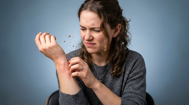 Adult woman scratching an itchy wrist with red skin irritation and small pests flying away against a plain blue background