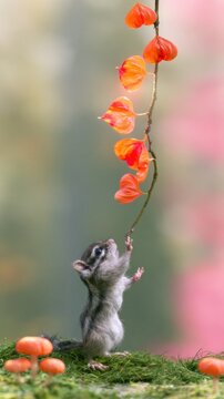 Cute squirrel reaching for vibrant orange flowers.