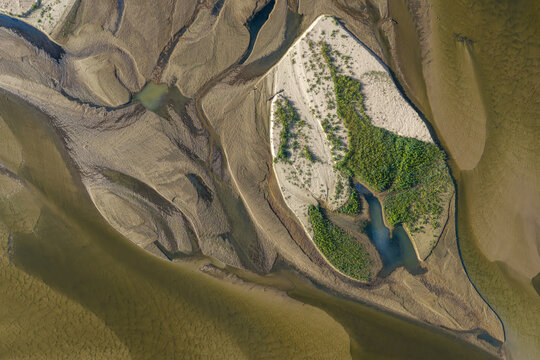 Aerial view of the Vistula riverbed showing significant drought in Poland.