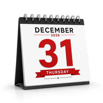Desktop flip calendar showing december 31 2026 isolated on white background.