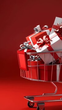 A shopping cart filled with red and white wrapped gifts with ribbons, set against a matching red background. Presents suggest holidays, special occasions, or shopping themes.