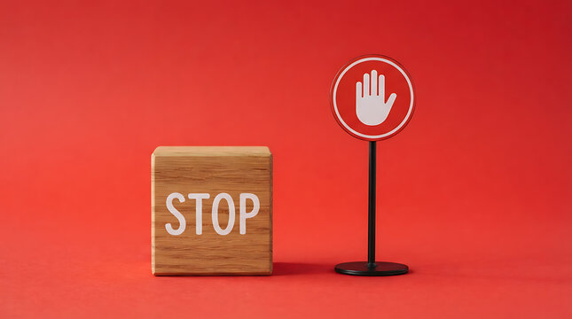 A wooden cube with the word stop engraved on its side, positioned next to a circular red sign featuring a white hand icon on a black pole, set against a solid red background, to represent a halt