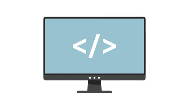Modern computer monitor displaying coding symbols on a light blue screen represents software development or programming.