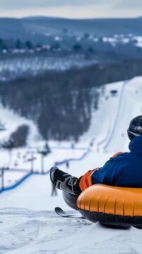 A person in winter clothing, sits on an orange tube at the crest of a snowy hill, preparing to descend with snow covered mountains in the background on an overcast day.