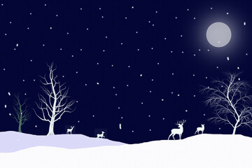 Fototapeta premium Magical Christmas winter landscape with deer silhouettes, snowy hills, bare trees, falling snow and full moon under a starry night sky.