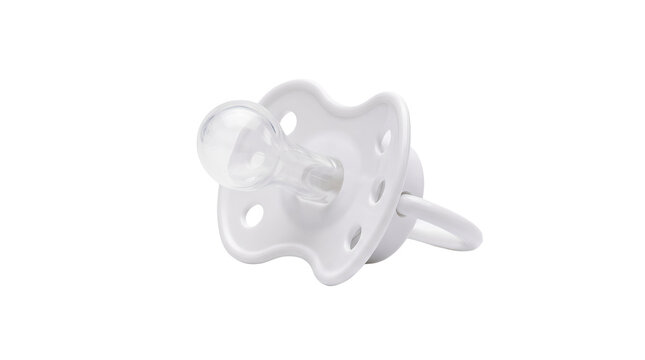 Centered commercial macro shot of a white plastic baby pacifier isolated on a transparent background.