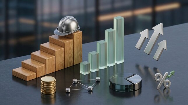 A financial growth concept with a silver hard hat atop wooden stairs and increasing bar graphs representing economic progress