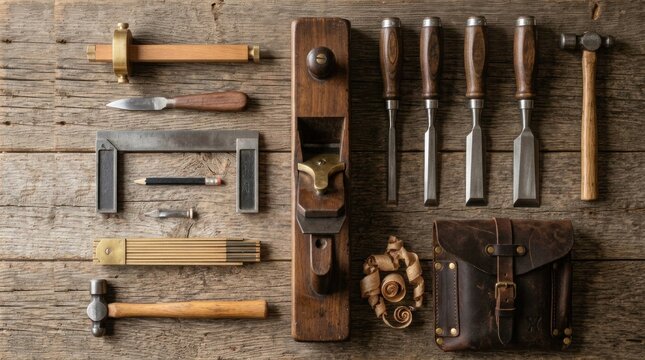 Vintage woodworking tools including chisels plane and hammer arranged on old wooden background