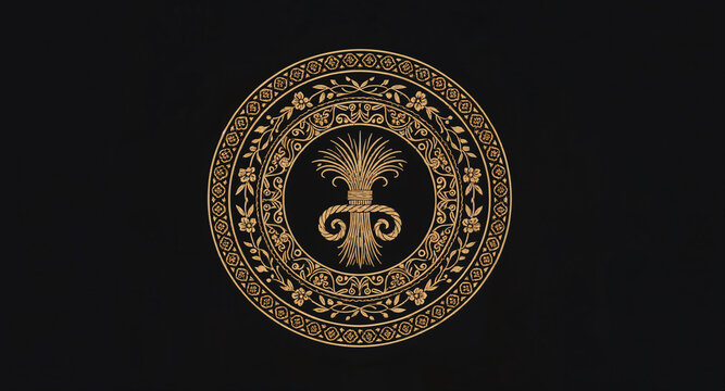 Golden ornate vintage round crest emblem with wheat sheaf and floral motifs on a dark background