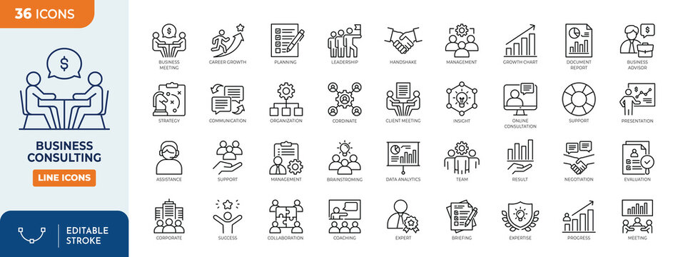 Business consulting icon set. Containing business, consulting, advisor, planning, analysis, meeting, discussion, solution, and more. editable stroke. Vector illustration