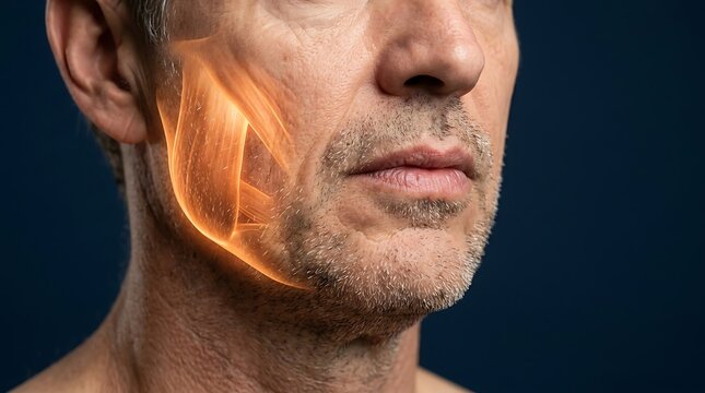 Anatomical illustration of the masseter muscle on a man's jaw showing muscle structure and tension