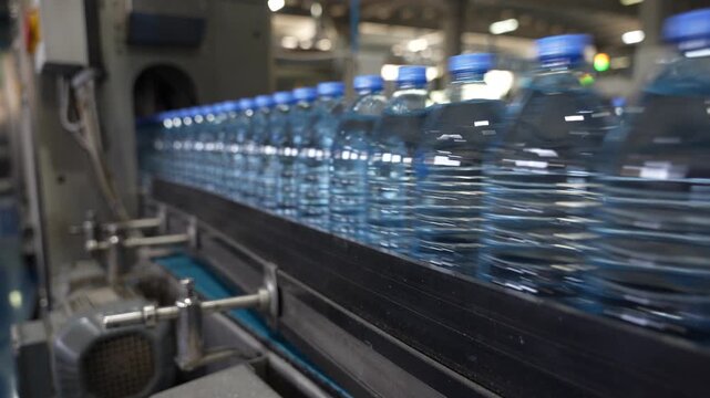 Rows of Plastic Water Bottles Moving on Bottling Line