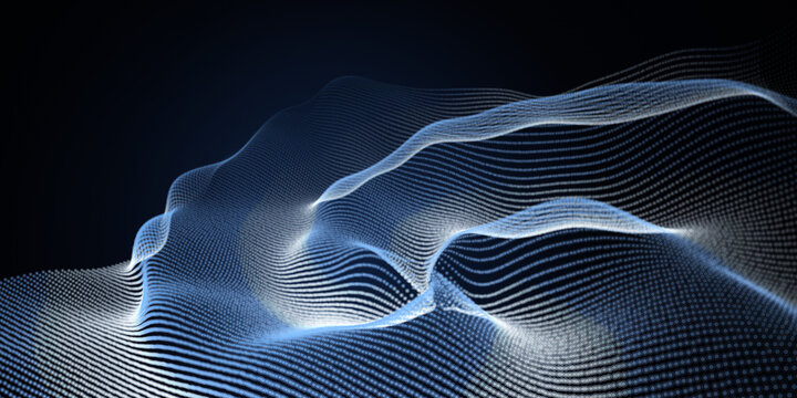 Abstract digital wave background, blue glowing particle flow, futuristic network data visualization on dark backdrop