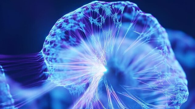 Glowing neural network pulses with connected filaments in an abstract digital space. Technology presentations, artificial intelligence marketing, and machine learning education.