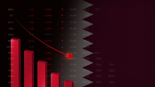 Economic crisis in Qatar.Red falling graph animation with Qatar flag.Stock market crash