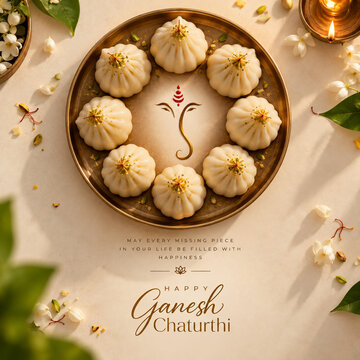 Ganesh chaturthi festival food offering with sweet modak on a round plate