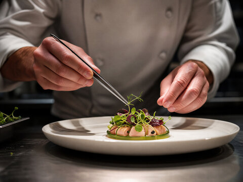 Professional chef plating gourmet appetizer with tweezers. Fine dining culinary art in restaurant kitchen. Elegant food presentation.