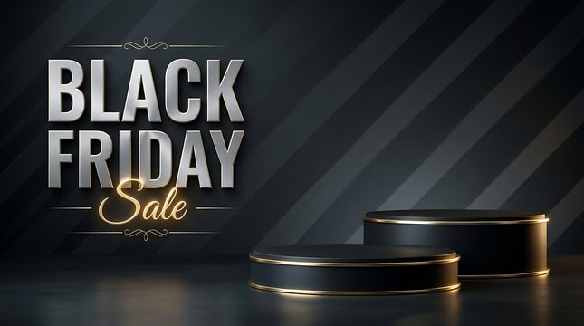 Elegant black friday sale background featuring a luxury product display podium with metallic gold accents for premium retail marketing campaigns