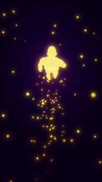 looped 3D animation. A man walks through golden particles