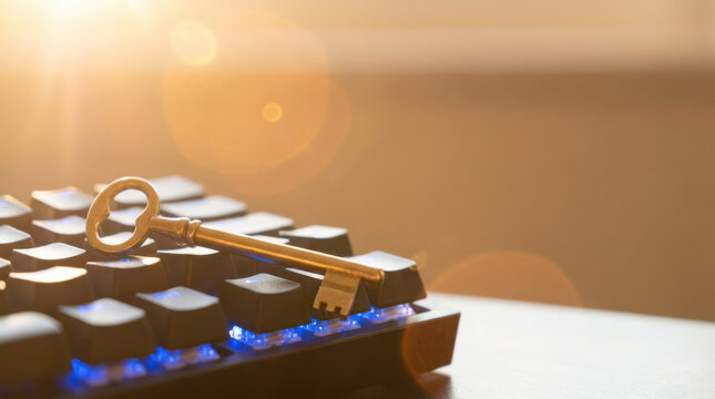 Golden key on black keyboard with blue backlight in warm sunlight with lens flare effect