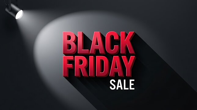 A bright spotlight shines on the bold red black friday sale text isolated on a dark black background for advertising