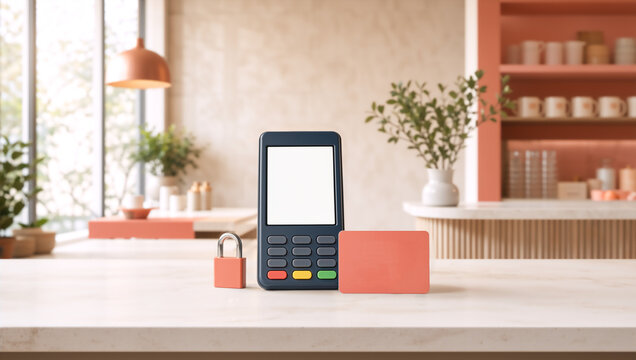 Payment terminal with blank screen and padlock on counter. Secure transaction and safe credit card payment concept. POS mockup in modern cafe