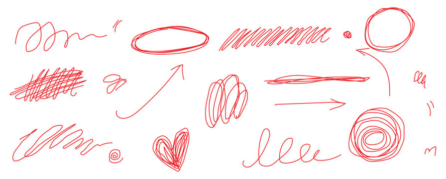 Hand drawn pen scribble line doodle scratch texture red pencil stroke brush. Correction marks, highlighter streaks, paintbrush swatches, rough marker lines. Doodle marks circle and oval stroke. 