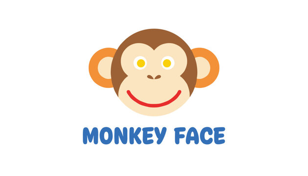 Simple and friendly cartoon monkey face graphic illustration with the text monkey face written in bold blue letters below.