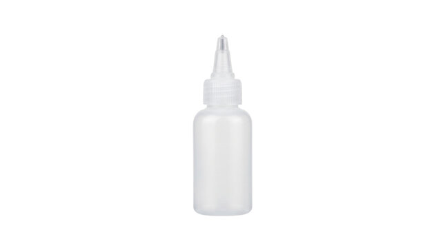 White plastic dropper bottle with precision nozzle. Empty squeeze container for liquid medicine. Cosmetic applicator vial for oils. isolated PNG with Transparent Background