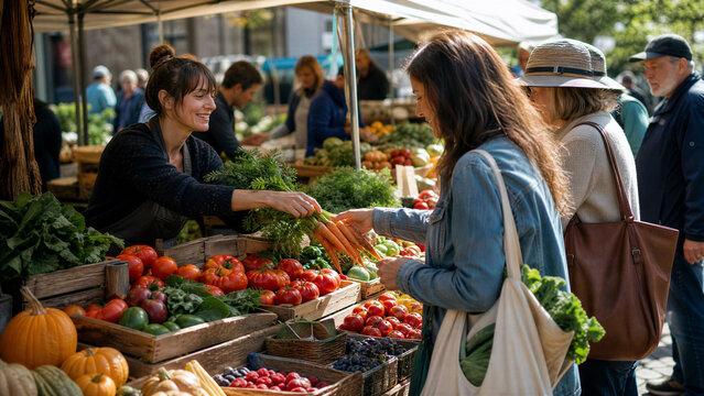 Bustling farmers market scene with fresh organic vegetables, local vendor selling produce to customers, vibrant outdoor community food market