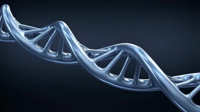 Metallic DNA double helix rotates across a dark digital background. Science education, biotechnology presentations, and medical research communication.