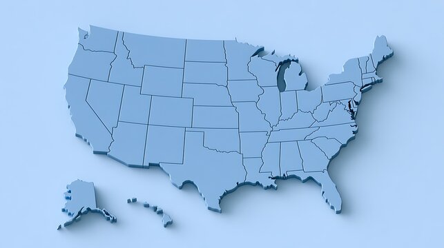 Minimalist pastel blue 3D map of United States
